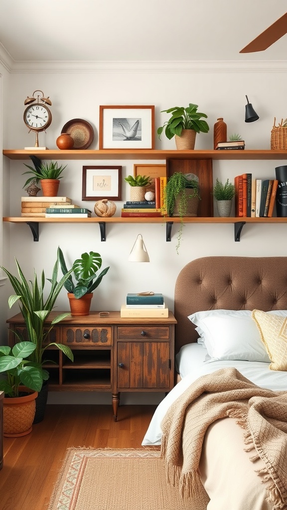 Bedroom with open shelving displaying vintage decor and plants