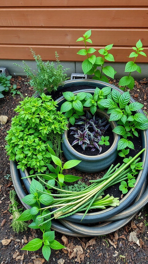 An organic herb spiral garden filled with various herbs like mint, basil, and thyme.