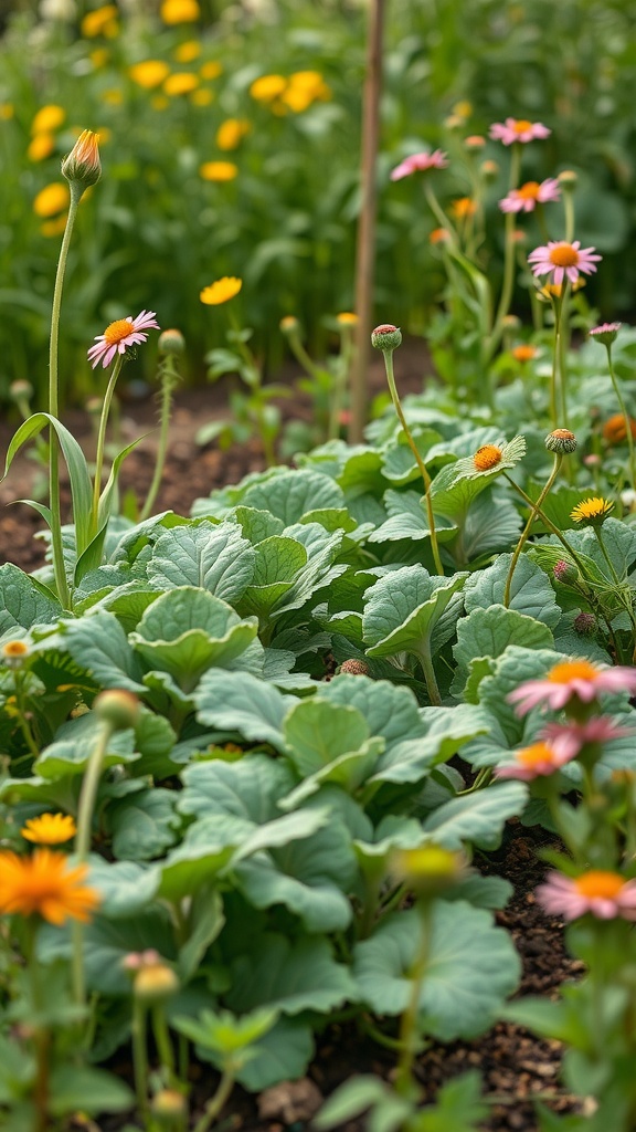 An organic vegetable patch with leafy greens and colorful flowers, showcasing a Boho garden vibe.