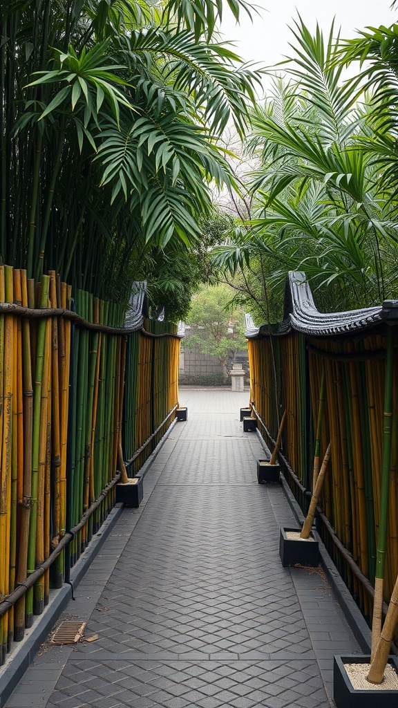 A serene pathway lined with bamboo fencing on both sides, surrounded by lush greenery