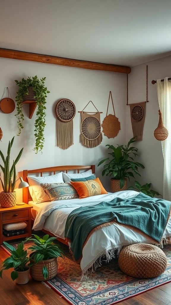 A beautifully decorated boho style bedroom featuring plants, woven wall hangings, and a cozy bed.