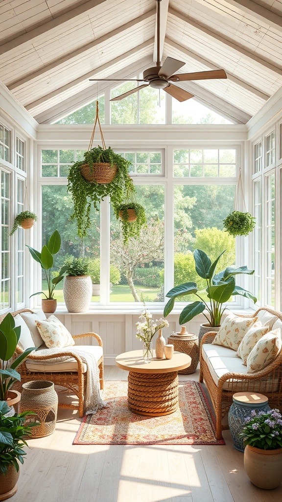 A bright sunroom with natural decor elements including plants, woven furniture, and sunlight filtering through the windows.