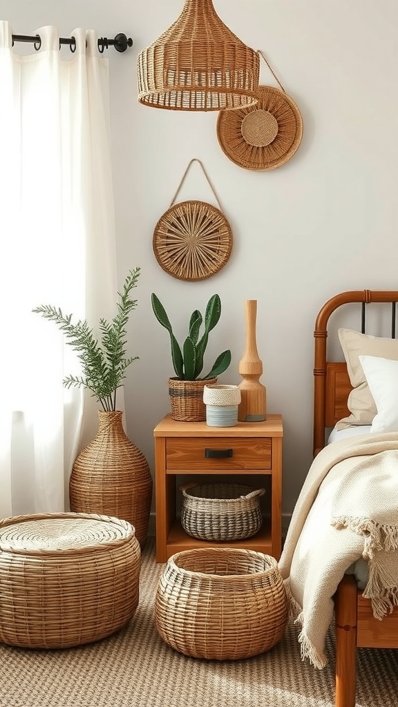 Modern farmhouse bedroom featuring natural materials and plants