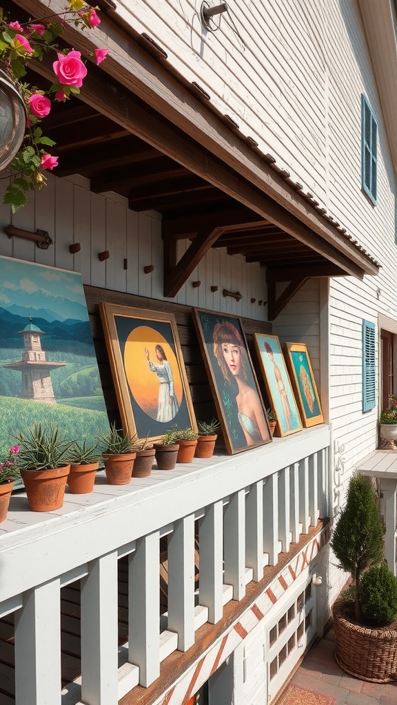 A balcony featuring various framed artworks and potted plants.