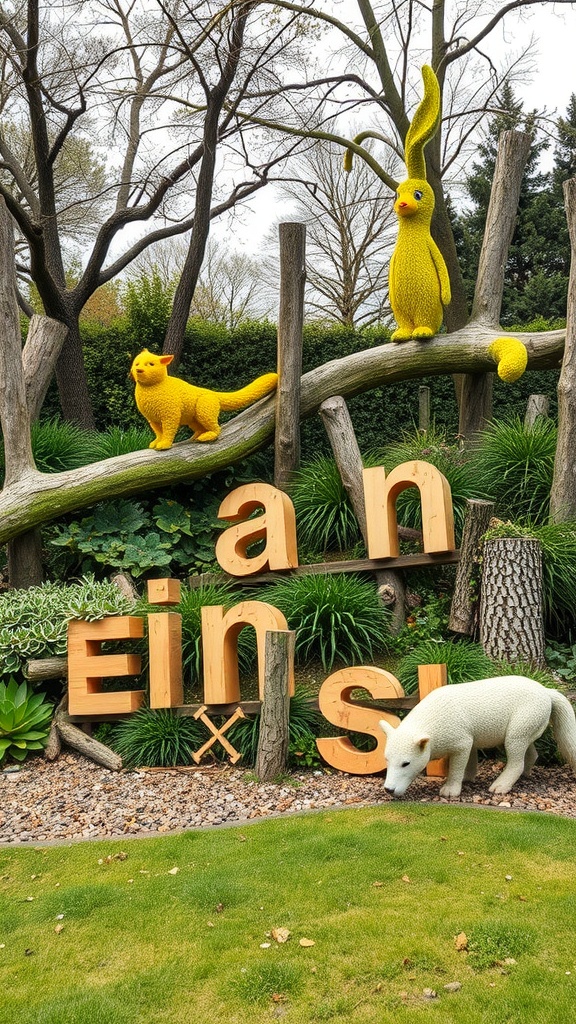 Colorful outdoor art sculptures including a yellow cat, a bunny, and a white animal in a garden setting.