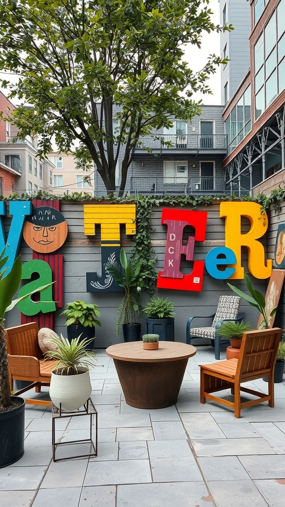 Colorful letters mounted on a wall in a patio with plants and seating