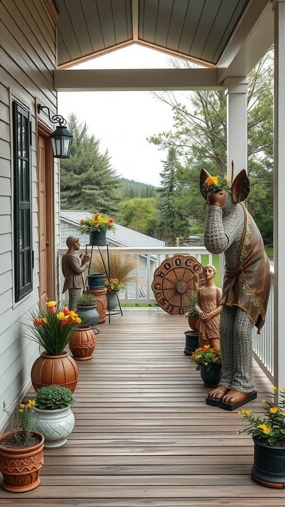 A beautifully decorated farmhouse back porch featuring sculptures, flower pots, and a cozy atmosphere.