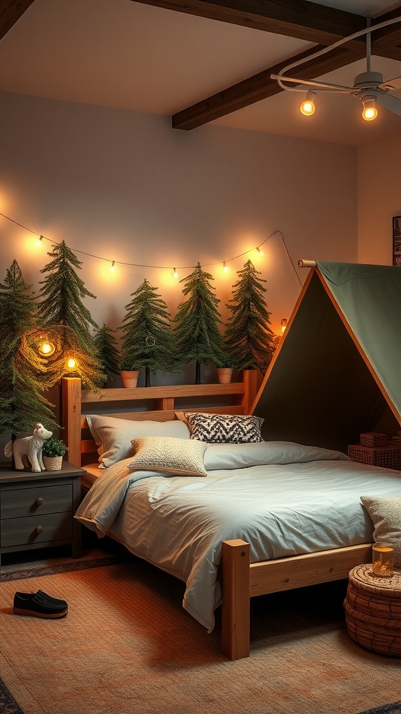 Cozy boys bedroom with camping elements, including a wooden bed, tree wall art, and a tent.