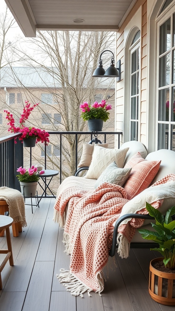 A cozy balcony setup with throws, cushions, and vibrant flowers, showcasing a relaxing outdoor space.