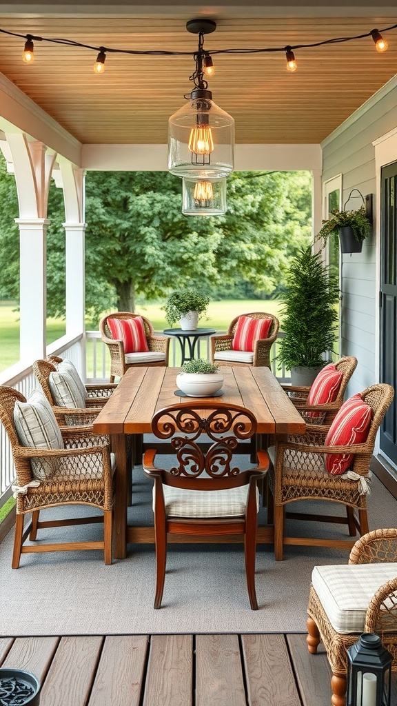 Cozy outdoor dining area with wooden table and wicker chairs, surrounded by greenery