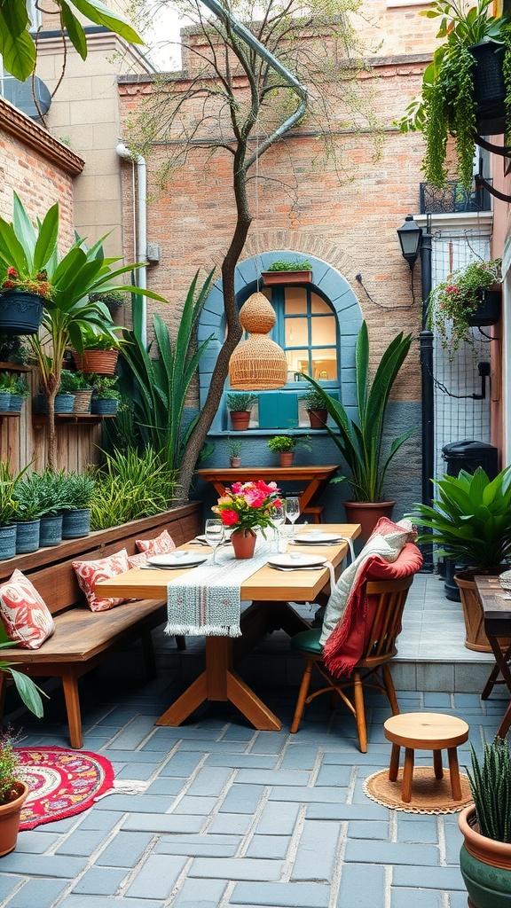 A cozy outdoor dining area in a Boho garden setting, featuring a wooden table, colorful cushions, and surrounding greenery.