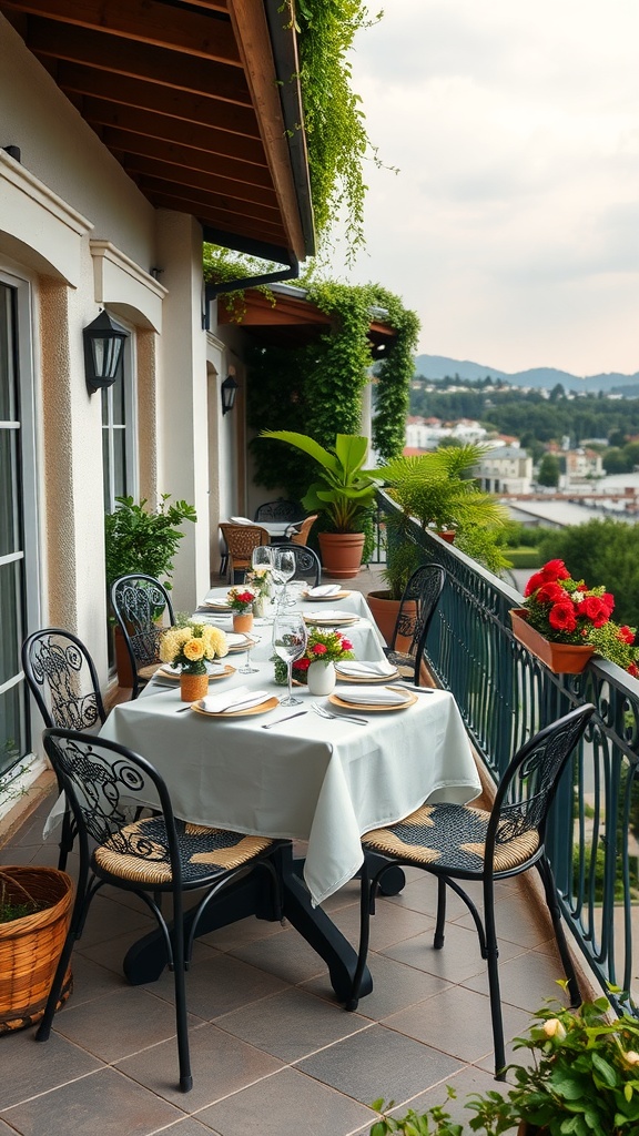 A cozy outdoor dining setup on a balcony with a table set for a meal surrounded by plants and flowers.