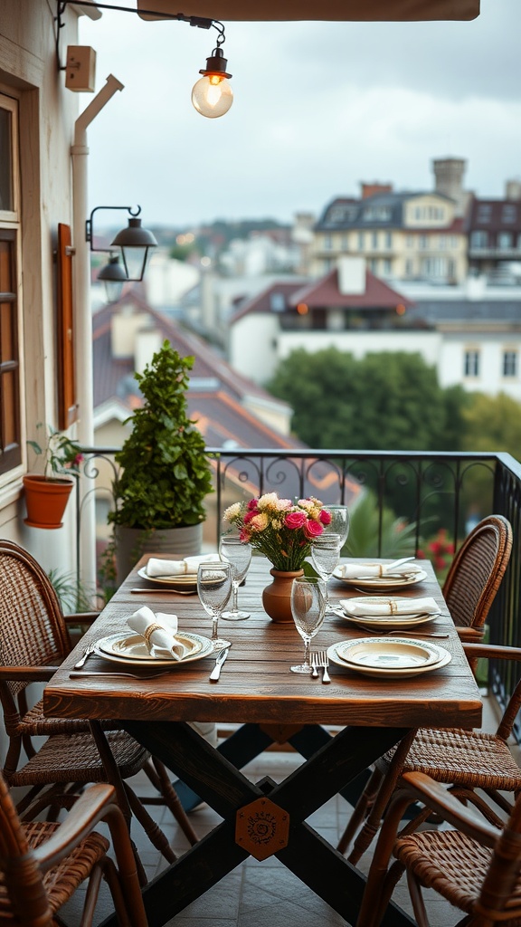 A cozy outdoor dining setup on a balcony with a wooden table, elegant dinnerware, flowers, and city views.