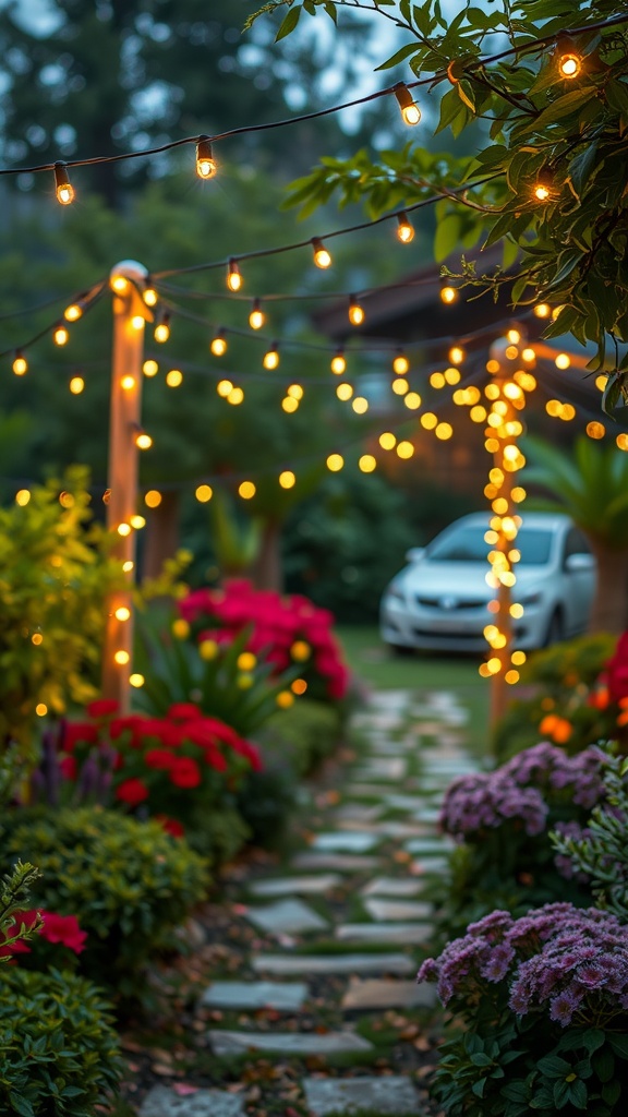 A beautifully lit garden pathway with fairy lights strung above vibrant flowers.
