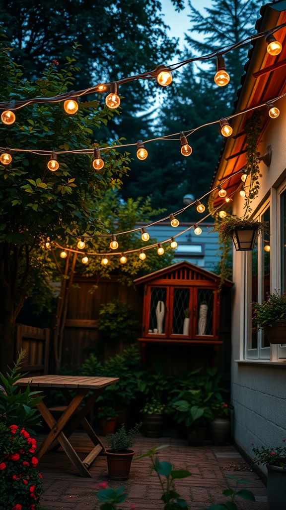 A garden adorned with fairy lights, creating a cozy atmosphere.