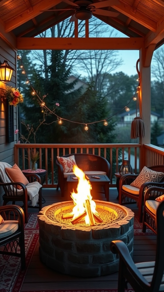 A cozy back porch featuring a stone fire pit surrounded by comfortable seating and string lights.