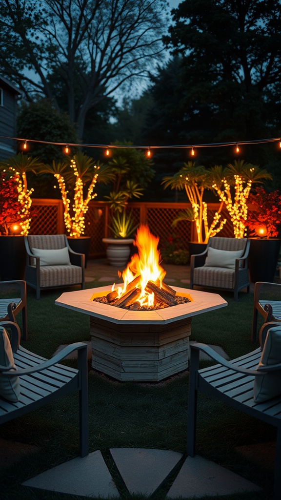 Cozy outdoor fire pit with seating and string lights
