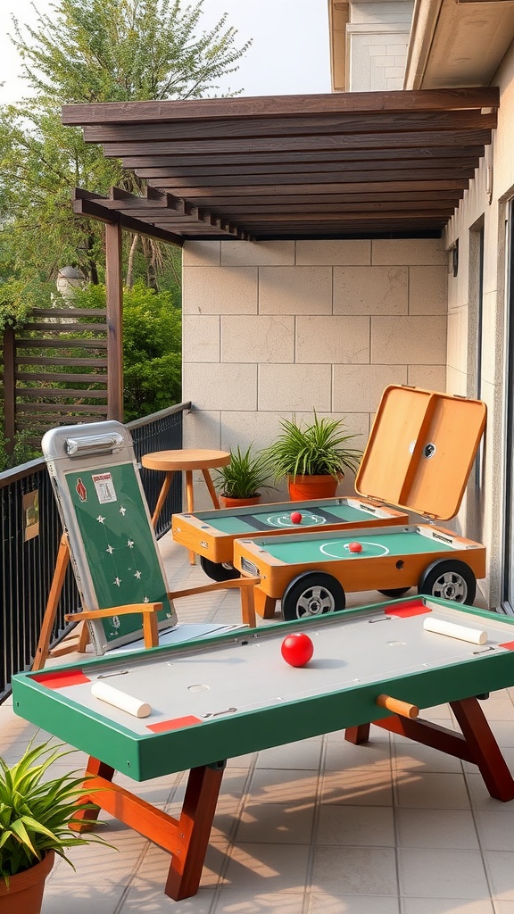 A cozy farmhouse balcony with outdoor games and potted plants