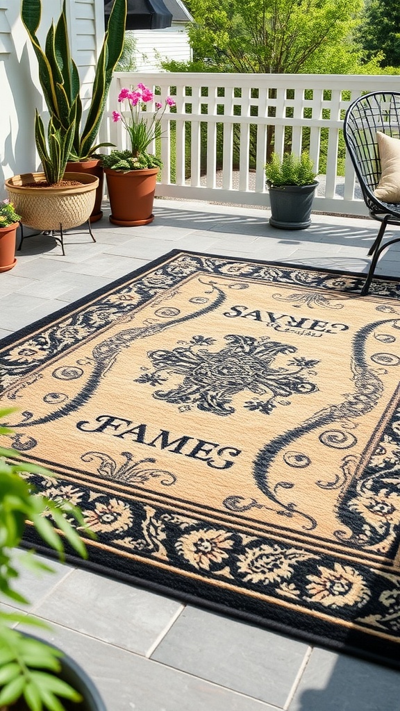 Outdoor rug with floral patterns on a patio surrounded by plants