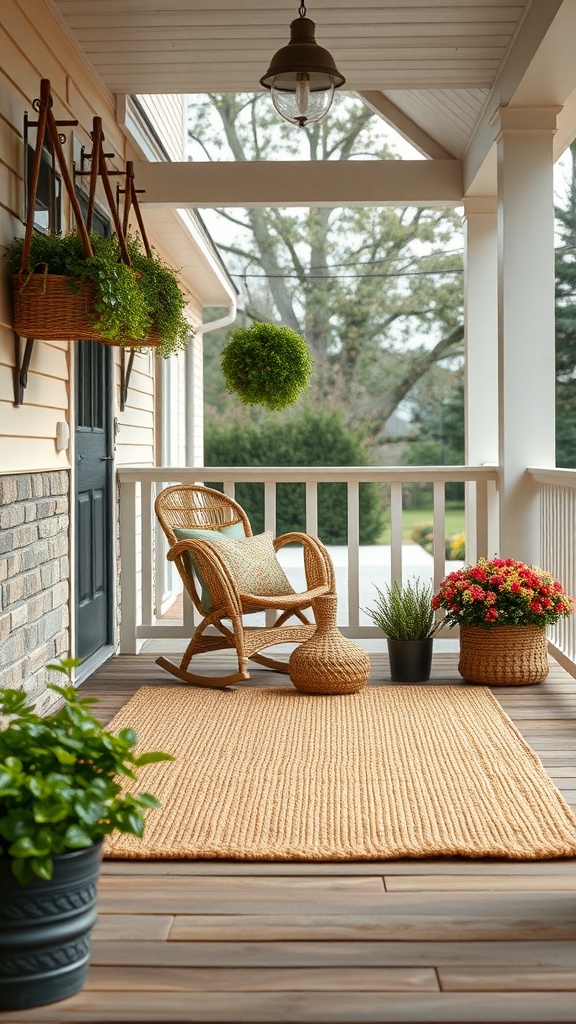 A cozy farmhouse back porch with a textured outdoor rug, a wicker chair, and hanging plants.