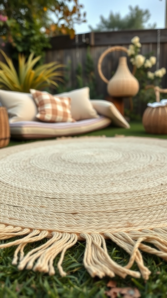 A round outdoor rug with fringes on lush green grass, surrounded by boho-style seating and plants.