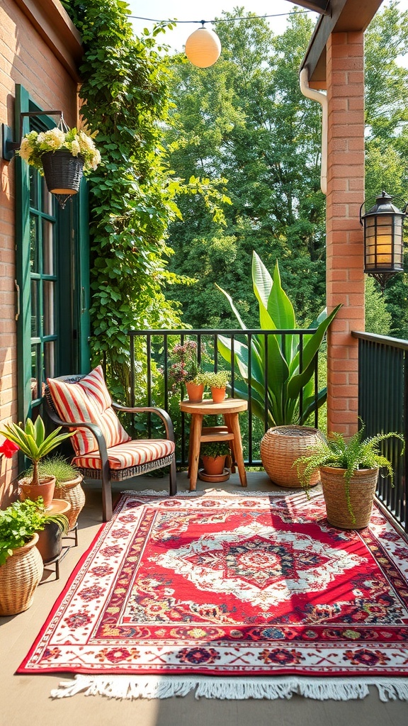 A cozy balcony with a vibrant red outdoor rug, striped chair, potted plants, and warm lighting