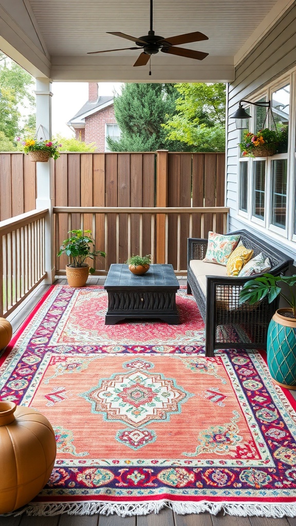 A bohemian styled back porch featuring a colorful outdoor rug, seating area, plants, and decorative elements.