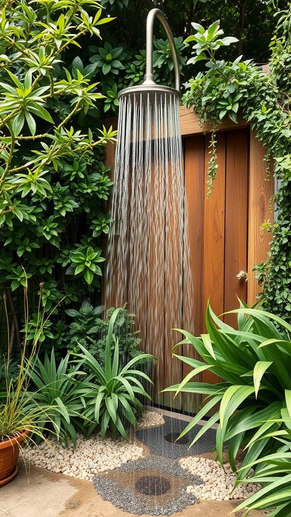 A stylish outdoor shower surrounded by lush greenery and wooden backdrop.
