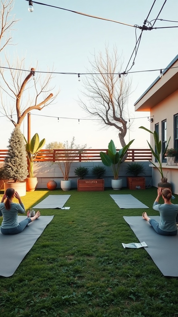 Outdoor yoga space with yoga mats on grass surrounded by plants and lights