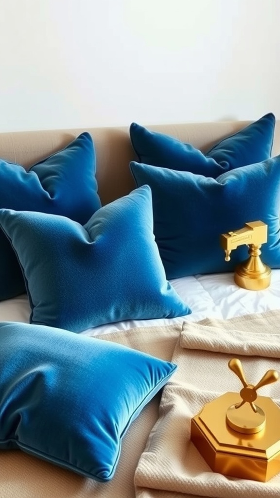 Oversized blue throw pillows on a bed with gold accents