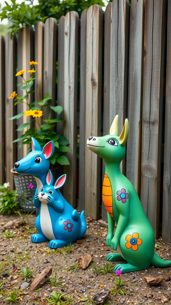 Colorful painted animal sculptures in a garden near a wooden fence