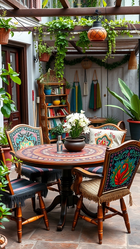 A vibrant painted table and chairs in a cozy patio setting, surrounded by plants and decorative elements.