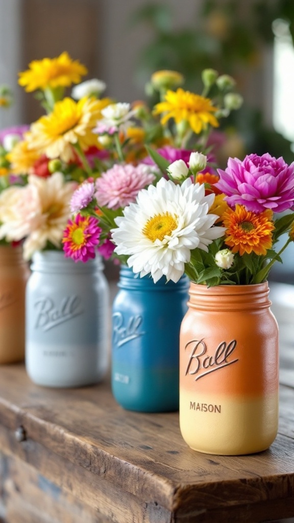 Colorful painted mason jar vases filled with flowers