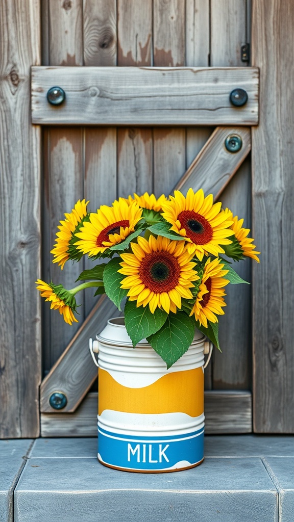 A painted milk can planter filled with sunflowers, placed against a rustic wooden backdrop.