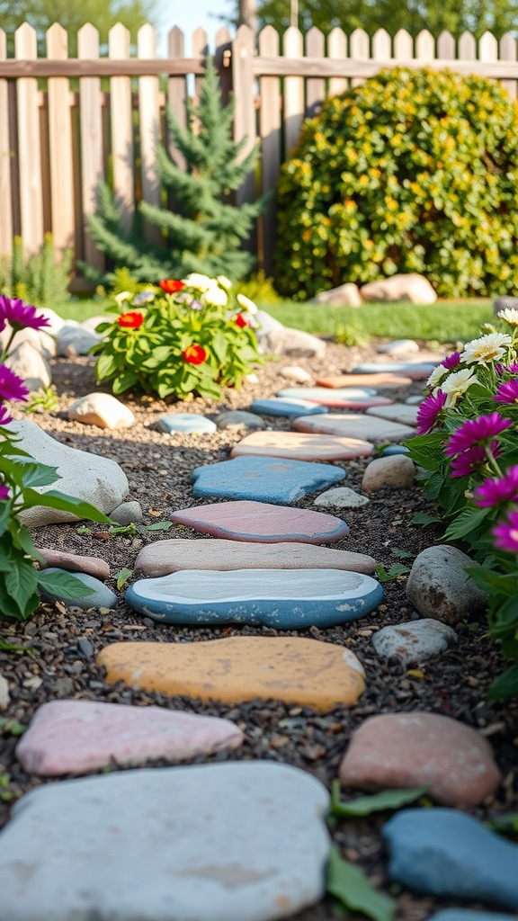 A colorful stone pathway surrounded by flowers and a wooden fence.