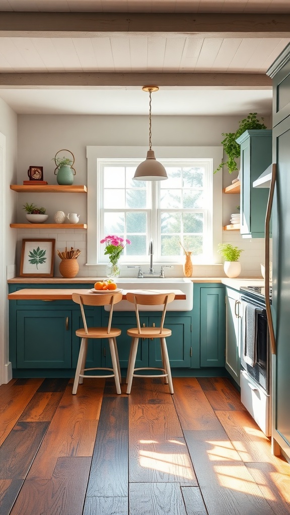 A bright farmhouse kitchen featuring painted wood flooring, teal cabinets, and a sunny window.