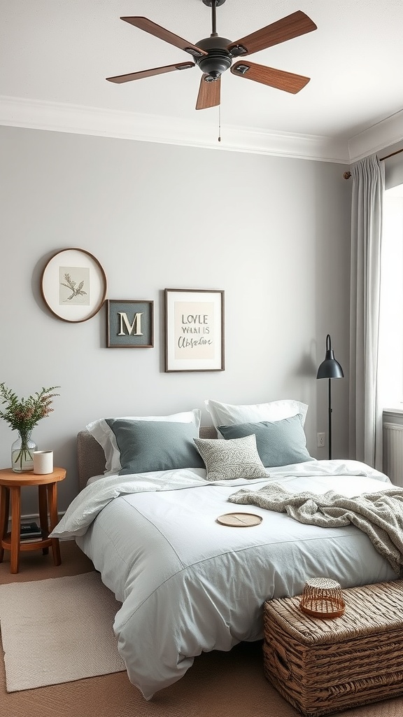 A cozy farmhouse bedroom with pale gray walls, a soft bed, and natural decor elements.