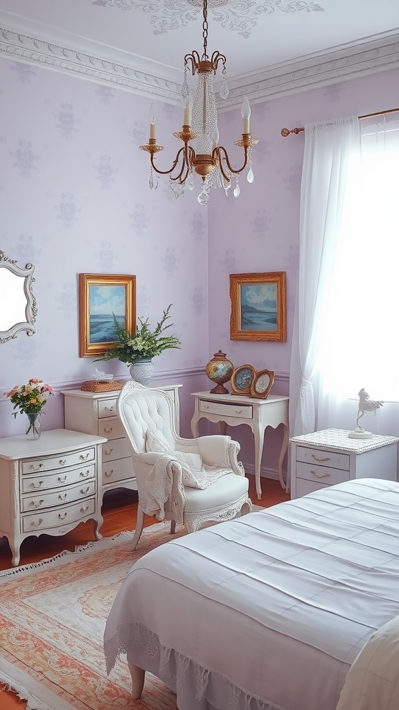 A beautifully decorated farmhouse bedroom featuring pale lavender walls, white furniture, and elegant decor.