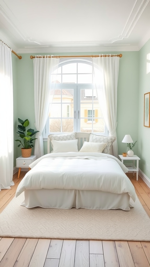 A bright and airy bedroom featuring a pale mint green accent wall, white bedding, and natural elements.