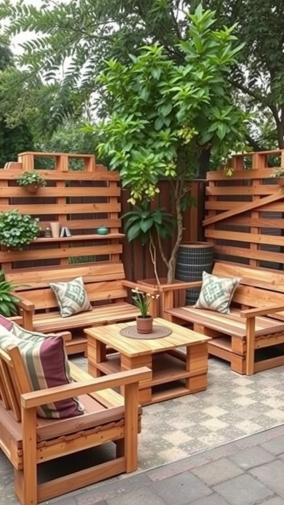 Cozy pallet wood furniture setup on a patio with cushions and plants
