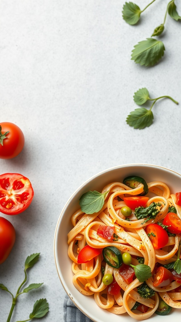 A bowl of Pasta Primavera with colorful vegetables and pasta.