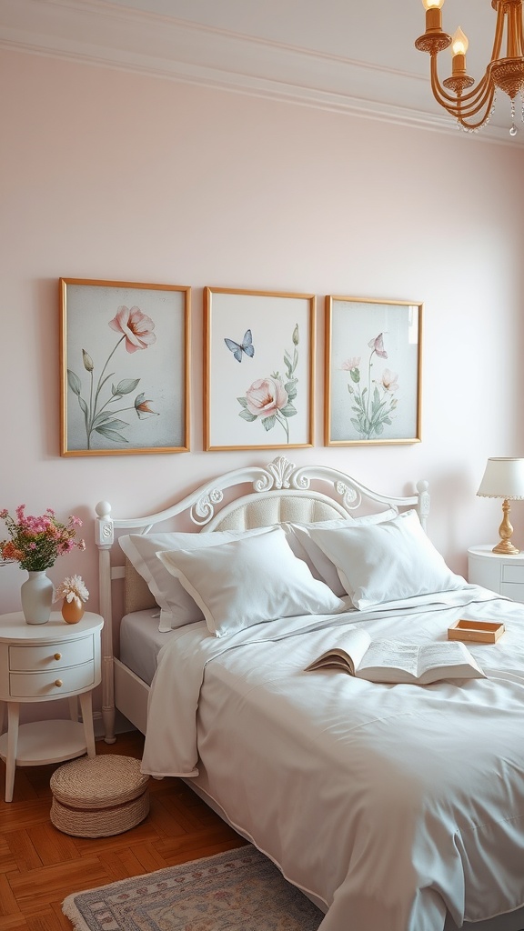 A feminine bedroom featuring pastel artwork, flowers, and a cozy bed.
