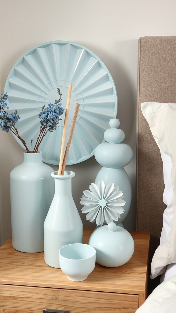 A collection of pastel blue vases and decorative items on a bedside table.