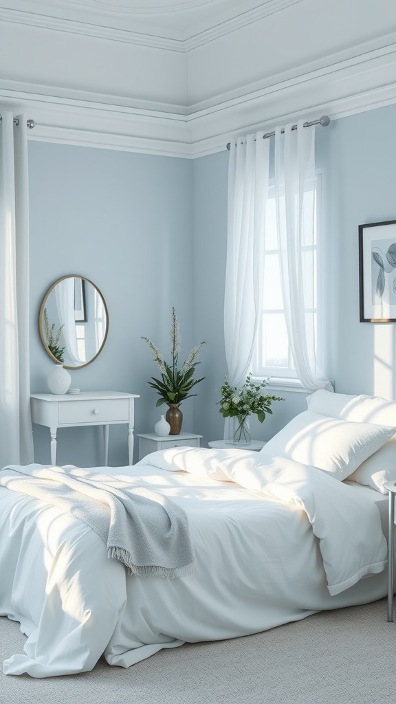 A serene bedroom featuring pastel blue walls, white bedding, and natural light.