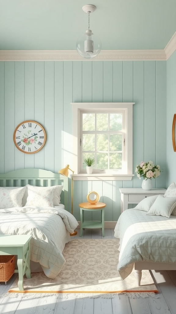 A bright and airy farmhouse bedroom featuring pastel colors, two beds, and natural light.