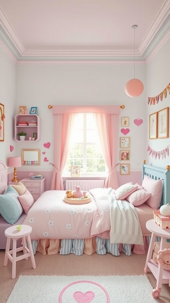 A pastel-themed teenage girl's bedroom with pink and blue decor, a cozy bed, and cheerful wall art.