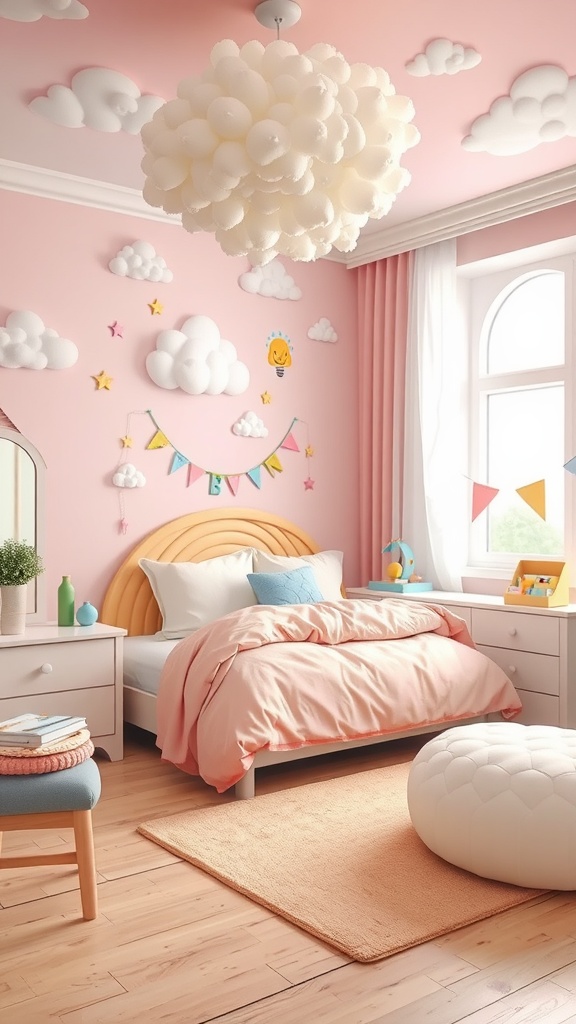 A pastel-themed girl's bedroom with pink walls, cloud decorations, and a cozy bed.