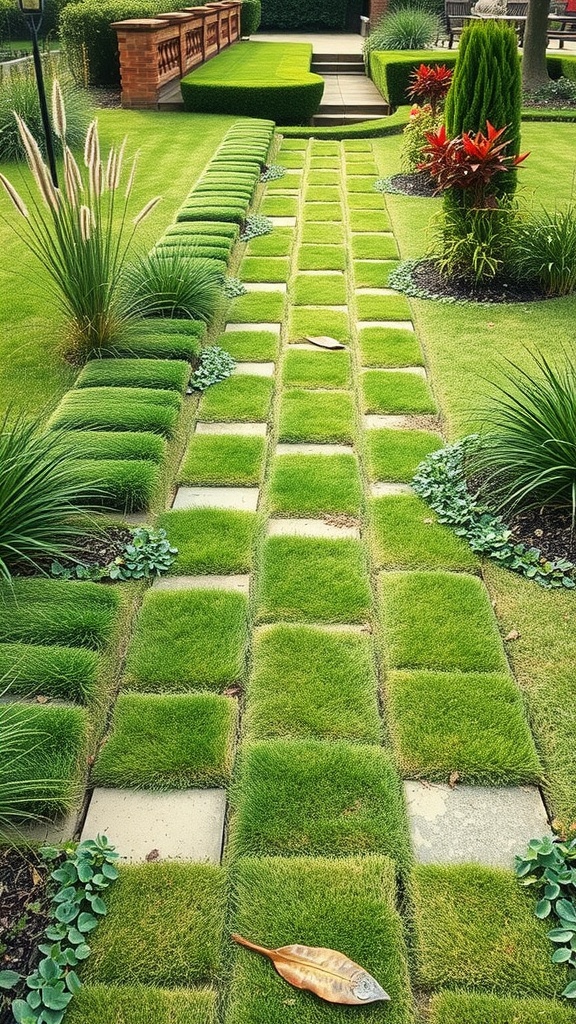 A beautiful garden pathway with grass pavers and stone tiles, surrounded by lush greenery and colorful plants.