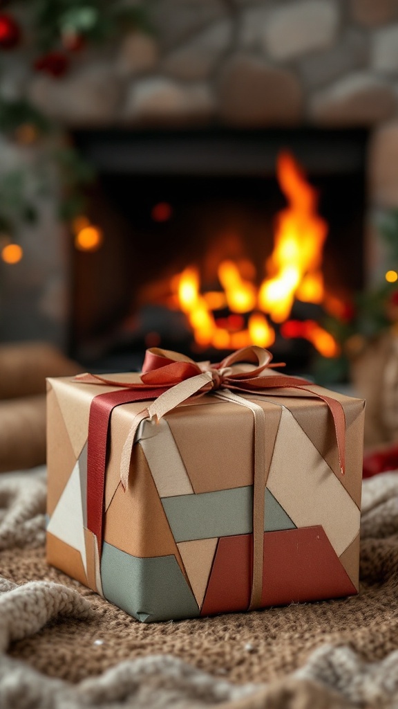 A beautifully wrapped gift with patchwork kraft paper, featuring geometric designs and a ribbon, set against a cozy fireplace backdrop.