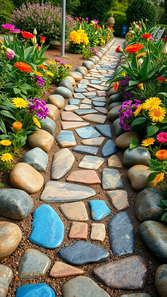 A colorful garden pathway made of painted river stones, flanked by vibrant flowers